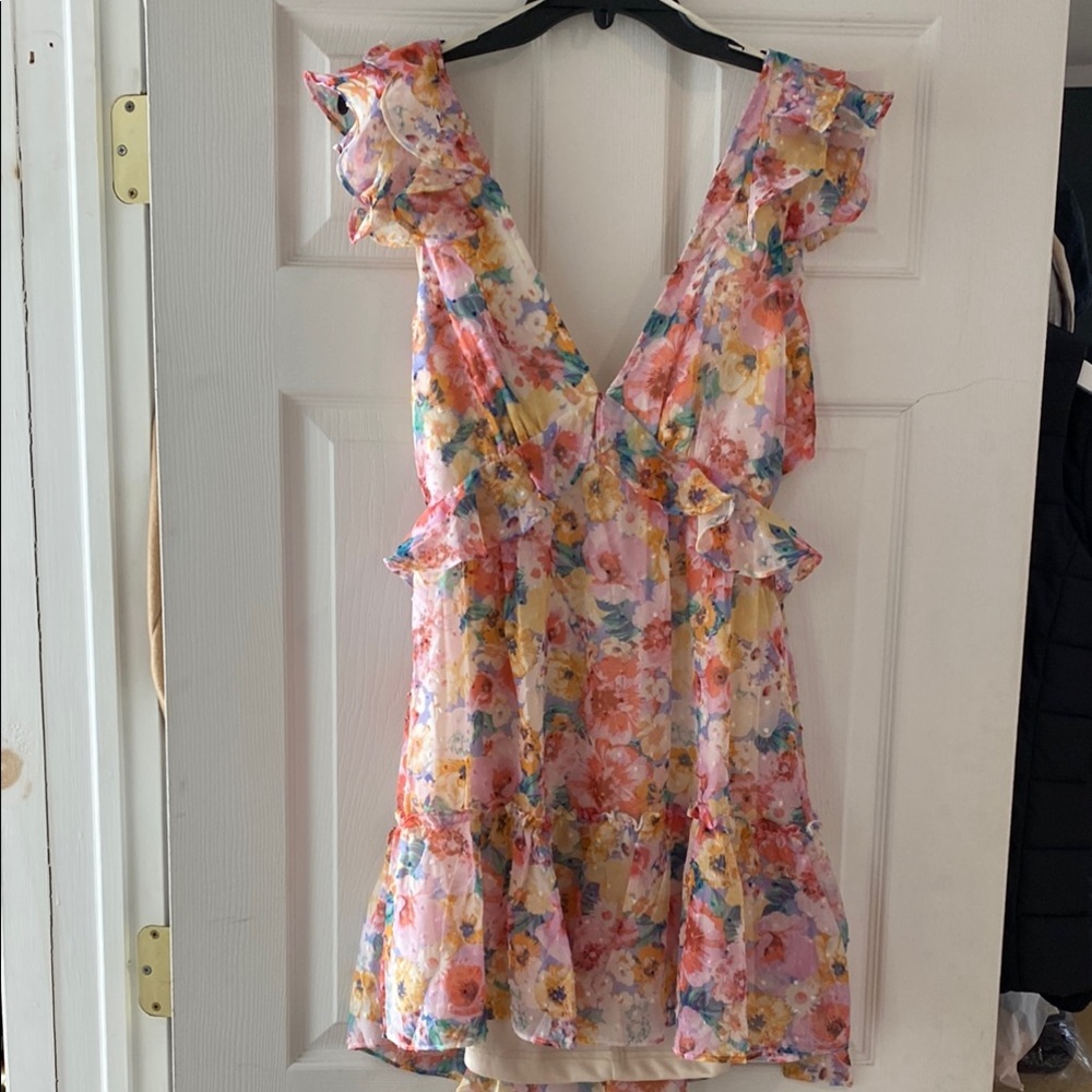 Aqua Floral Ruffle Mini Dress in Pink, Yellow, Blue